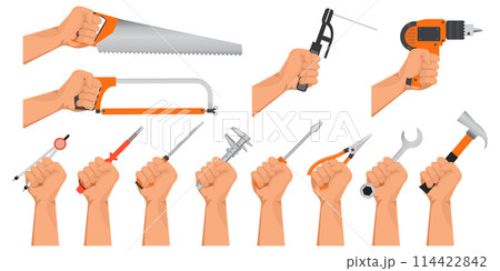 Hands holding construction tools. Hands holding construction tools. 114422842