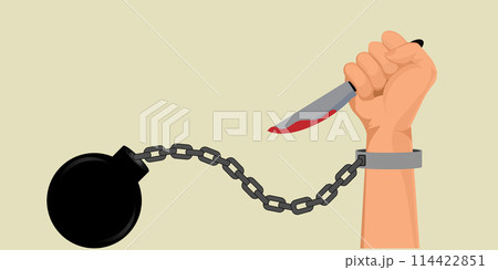 Hand holding bloody knife in hand. 114422851