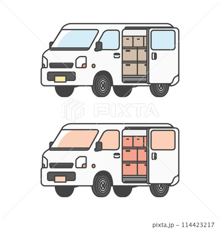 物流シリーズ：スライドドア内に荷物を積んだ、日本の軽自動車、軽バン・軽貨物バンのイラスト(カラー&単 114423217