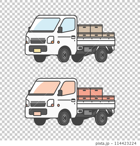 物流シリーズ：農業・漁業等で箱入りの商品を配達する日本の軽トラ、軽トラックのイラスト(カラー&単色モ 114423224