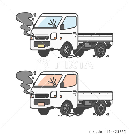 物流シリーズ：交通事故で、壊れてしまった日本の軽トラ、軽トラックのイラスト(カラー&単色モノカラーの 114423225