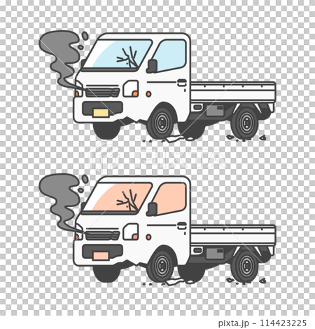 物流シリーズ：交通事故で、壊れてしまった日本の軽トラ、軽トラックのイラスト(カラー&単色モノカラーの 114423225