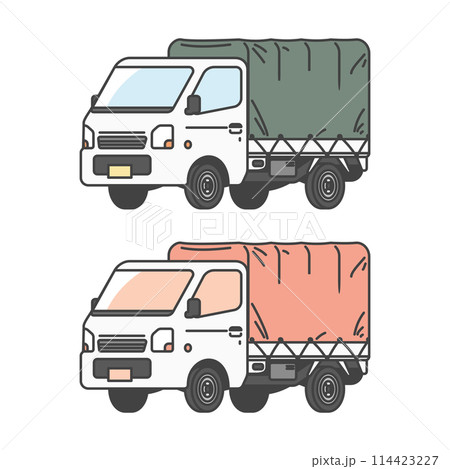 物流シリーズ:幌を付けた荷物を運ぶ日本の軽トラ・軽トラックのイラスト(カラー&単色モノカラーのセット 物流シリーズ:幌を付けた荷物を運ぶ日本の軽トラ・軽トラックのイラスト(カラー&単色モノカラーのセット 114423227