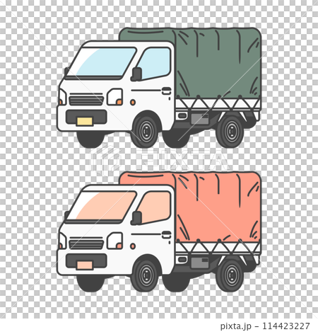 物流シリーズ:幌を付けた荷物を運ぶ日本の軽トラ・軽トラックのイラスト(カラー&単色モノカラーのセット 物流シリーズ:幌を付けた荷物を運ぶ日本の軽トラ・軽トラックのイラスト(カラー&単色モノカラーのセット 114423227