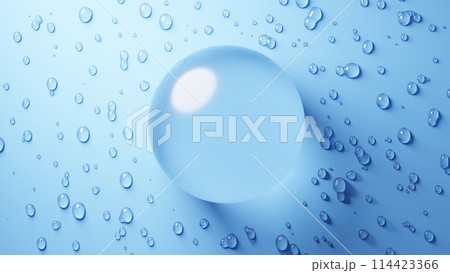 水滴のついた青色背景に透明の美しい球体。3D(横長) 水滴のついた青色背景に透明の美しい球体。3D(横長) 114423366