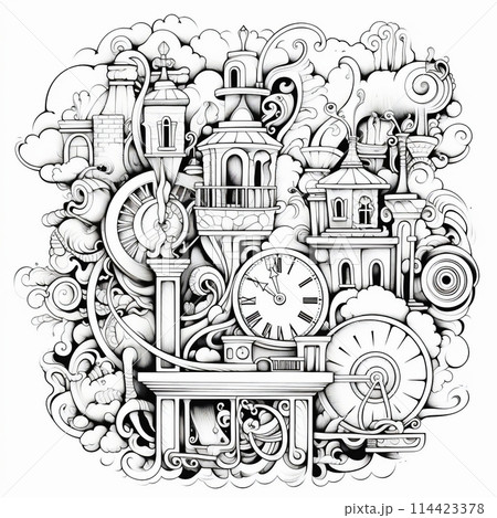 Black and White Illustration of Fairyland Medieval Castle for Coloring. 114423378