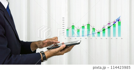 Stock Market Investment Fund and Digital Asset. Businessman in dark blue suit analyzing forex trading graph financial data on tablet computer. 2024 business finance technology and investment concept. 114423985