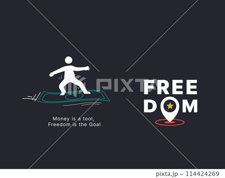 Simple Motivation graphic on dark background. A person riding money like a flying carpet. 114424269