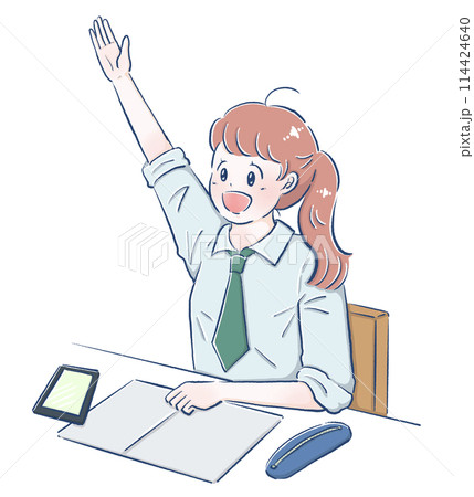 手をあげる女子学生 手をあげる女子学生 114424640