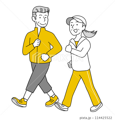 ウォーキングする老夫婦 114425522