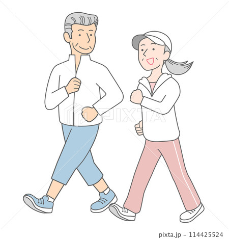 ウォーキングする老夫婦 114425524
