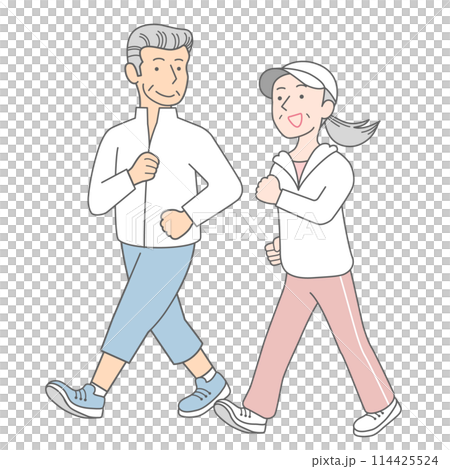 ウォーキングする老夫婦 114425524