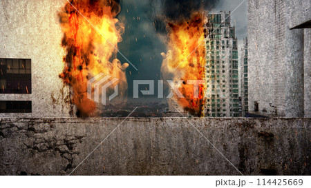 Burned and destroyed building in apocalypse city Burned and destroyed building in apocalypse city 114425669