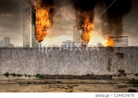 Burned and destroyed building in apocalypse city Burned and destroyed building in apocalypse city 114425670