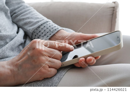 スマートフォンを操作するシニア女性の手元	 114426021