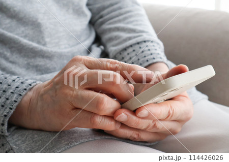 スマートフォンを操作するシニア女性の手元 114426026