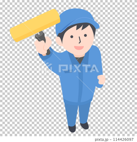 A worker holds up a paint roller and looks up 114426097