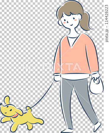 A young lady walking a dog 114426223