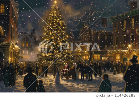 Festive Christmas scene in a town square with children awaiting Santa Claus near a towering tree Festive Christmas scene in a town square with children awaiting Santa Claus near a towering tree 114426295