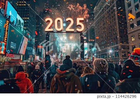 New Year's Eve 2025 celebration in a city square with fireworks, confetti, and vibrant neon signs New Year's Eve 2025 celebration in a city square with fireworks, confetti, and vibrant neon signs 114426296