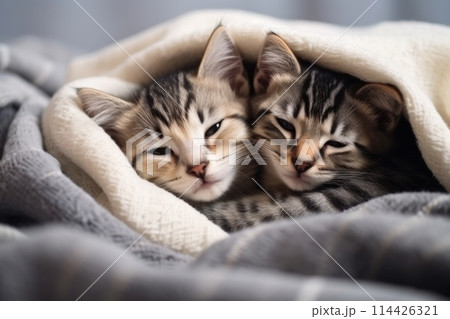 Two striped kittens are lying and sleeping in embrace 114426321