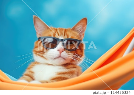 A cat in sunglasses enjoys relaxing in hammock. The kitten is on vacation, relax. 114426324