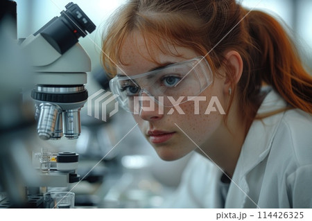 A female zoologist peers into a microscope, her eyes focused intently on the intricate details of a specimen, immersed in the world of science and discovery. 114426325