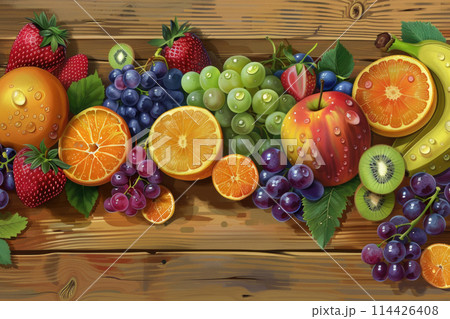 Vibrant Fruit Assortment on a Wooden Surface, Fresh and Juicy with Glistening Water Droplets 114426408