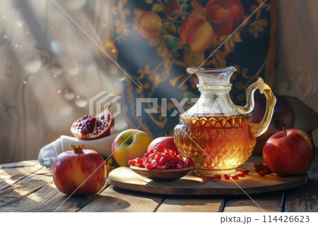 Rosh Hashanah Celebration Scene with Apples, Honey, Shofars, and Pomegranates on a Wooden Background 114426623