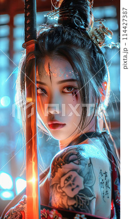 samurai、 侍、Sword Maiden、女剣士、MidjourneyStandard Plaのイラスト素材 [114427387 ...