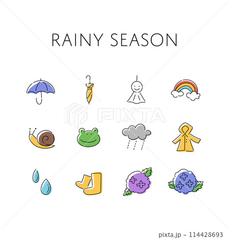 手描きのシンプルな梅雨のイラストセット 手描きのシンプルな梅雨のイラストセット 114428693