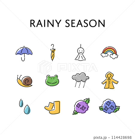 手描きのシンプルな梅雨のイラストセット 114428698