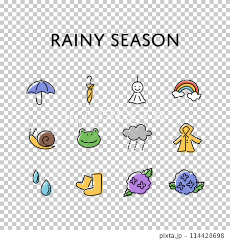 手描きのシンプルな梅雨のイラストセット 114428698