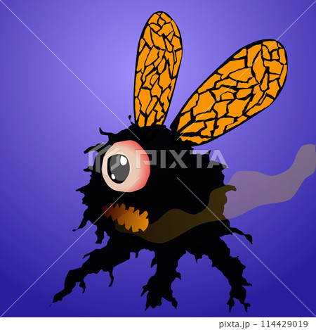 A small black monster character with his mouth open flies and blows smoke from his mouth as he is a lava bee spitting lava when angry. Vector illustration For insert mini monster banner transparent 114429019