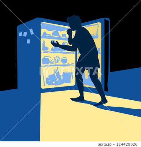 Man eating from the refrigerator at night. Vector illustration stylized in five color cool tones. The theme of mens health diets and overeating at night. 114429026