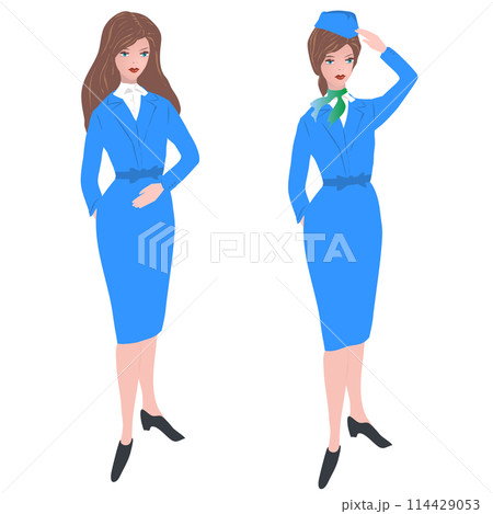 Illustration of realistic girl in blue uniform stewardess with loose hair and with uniform cap. Vector illustration of two girls in a blue dress of the uniform of stewardesses of all countries of the Illustration of realistic girl in blue uniform stewardess with loose hair and with uniform cap. Vector illustration of two girls in a blue dress of the uniform of stewardesses of all countries of the 114429053