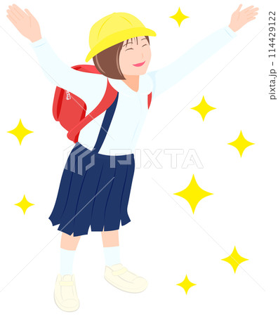 喜んでいるランドセルを背負った女子小学生 喜んでいるランドセルを背負った女子小学生 114429122