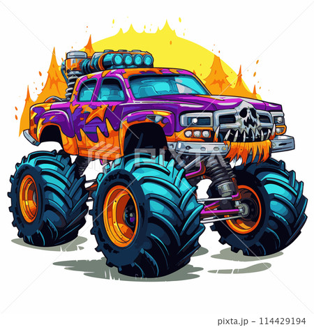 Cartoonish Monster Truck Vibrant Colors and Exaggerated Features 114429194