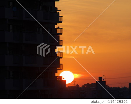 マンションの陰からのぼる朝日 114429392