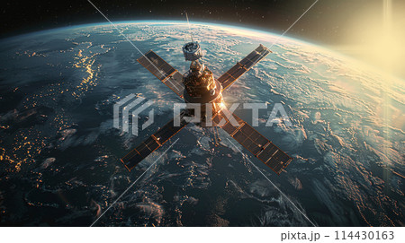 日の出の太陽の光を浴びている人工衛星