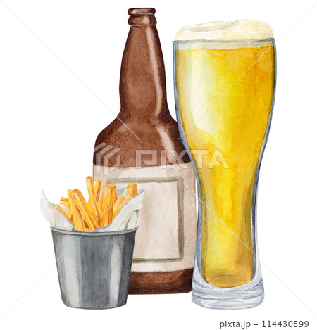 Hand-drawn watercolor illustration shaped glass with beer, empty bottle and bucket with fries.  114430599