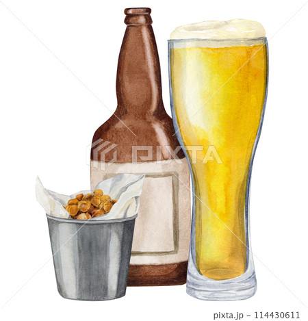 Hand-drawn watercolor illustration shaped glass with beer, empty bottle and bucket of snack of refried beans. International beer day. Beer festival. Hand-drawn watercolor illustration shaped glass with beer, empty bottle and bucket of snack of refried beans. International beer day. Beer festival. 114430611