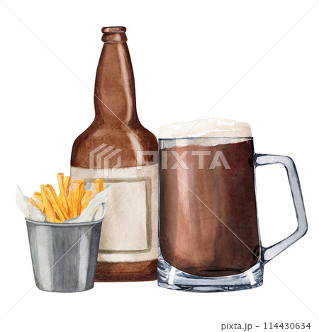 Hand-drawn watercolor illustration shaped glass with beer, empty bottle and bucket with fries.  114430634