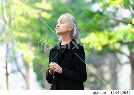 喪服のシニア女性 見上げる 新緑 喪服のシニア女性 見上げる 新緑 114430645