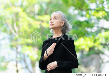 喪服のシニア女性　見上げる　新緑 114430651