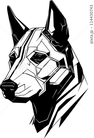 A dog with a robotic head. Cyber dog head logo template A dog with a robotic head. Cyber dog head logo template 114430743