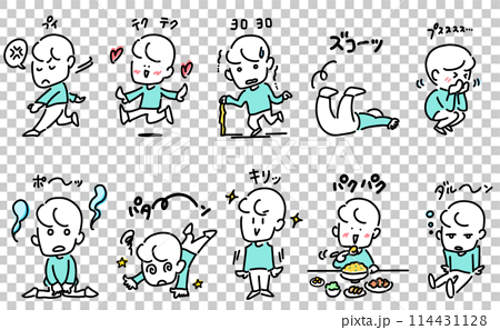 漫画風　様々なポーズと表情の男性　擬音語　オノマトペ　効果音　シンプルで可愛い線画イラスト 114431128