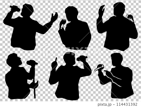 マイクを持って演説するあるいは歌を歌う男性のシルエットイラストセット　黒 114431392