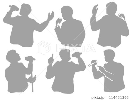 マイクを持って演説するあるいは歌を歌う男性のシルエットイラストセット　グレー 114431393