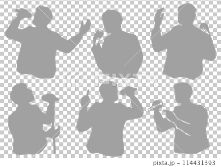 マイクを持って演説するあるいは歌を歌う男性のシルエットイラストセット　グレー 114431393